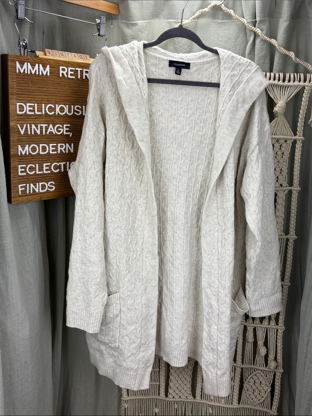 Calligraphie Cream Hooded Cable Knit Open Longline Cardigan with Pockets | XL